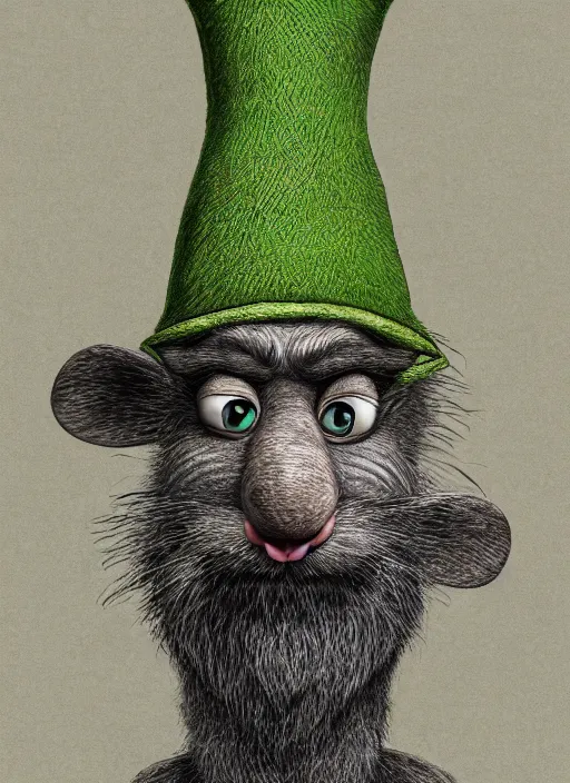 Prompt: anthropomorphic rat with human eyes and a gray beard, wearing jewelry, tricorne hat, green robe, d & d, digital art, detailed face, highly detailed, trending on artstation, realistic, studio lighting, drawn by dr. seuss