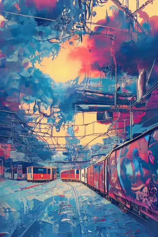 Prompt: trains covered in dripping colorful graffiti paint, painterly, james jean, yoshitaka amano, hiroshi yoshida, moebius, loish, artgerm, painterly, symmetrical, ultra detailed, hyper realistic, illustration, sunset lighting