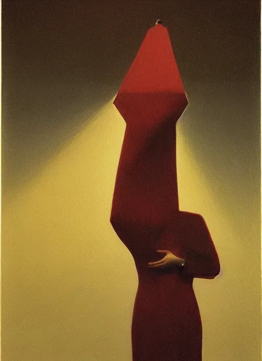 Image similar to woman in paper bag over the head and a sward Edward Hopper and James Gilleard, Zdzislaw Beksinski, highly detailed