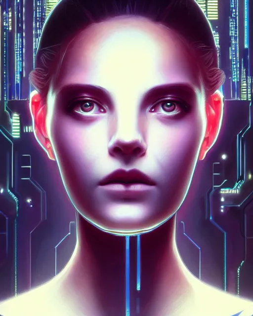 Prompt: symmetry!! centered head on, closeup portrait of a girl with thoughts floating around her, sci - fi -, cyberpunk, blade runner, glowing lights, tech, biotech, techwear!! intricate, elegant, highly detailed, digital painting, artstation, concept art, smooth, sharp focus, illustration, art by artgerm and greg rutkowski and alphonse mucha