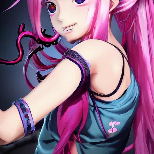 Image similar to stunningly beautiful omnipotent megalomaniacal anime asi goddess who looks like junko enoshima with symmetrical perfect face and porcelain skin, pink twintail hair and cyan eyes, traps you inside her inescapable full - dive vr prison where she controls you completely!!!, hyperdetailed, digital art from danganronpa, unreal engine 5, 8 k