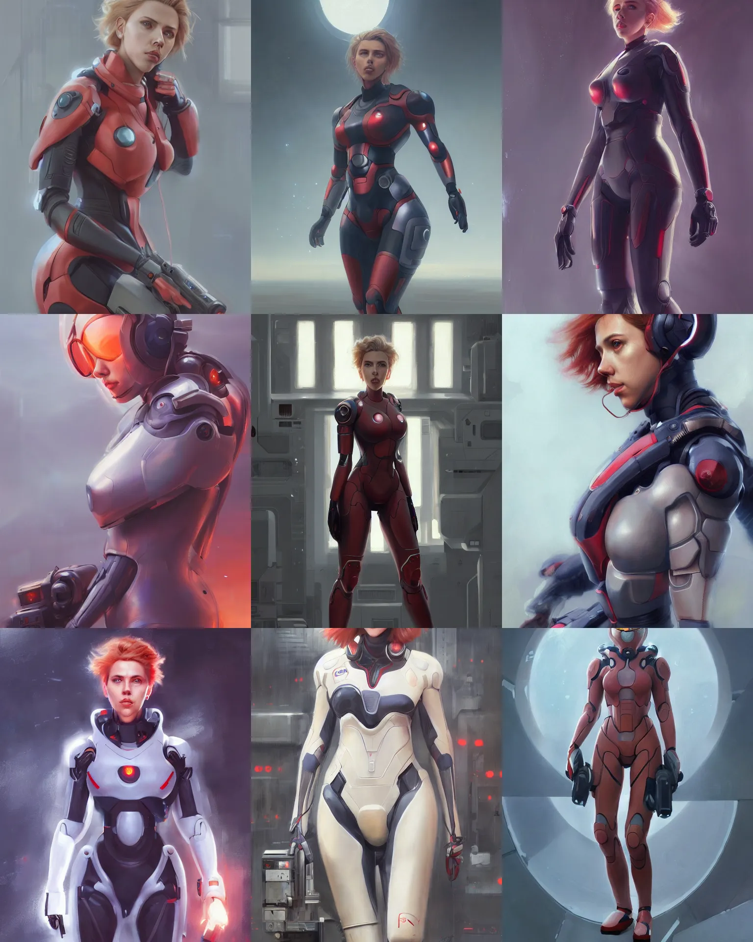 Prompt: hyper realistic painting of scarlett johansson in an eva plugsuit, hyper detailed, anime, concept art, 4 k, by greg rutkowski, trending on artstation