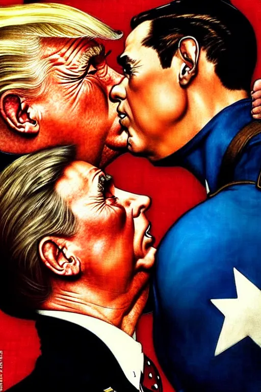 Image similar to norman rockwell painting of captain america kissing donald trump