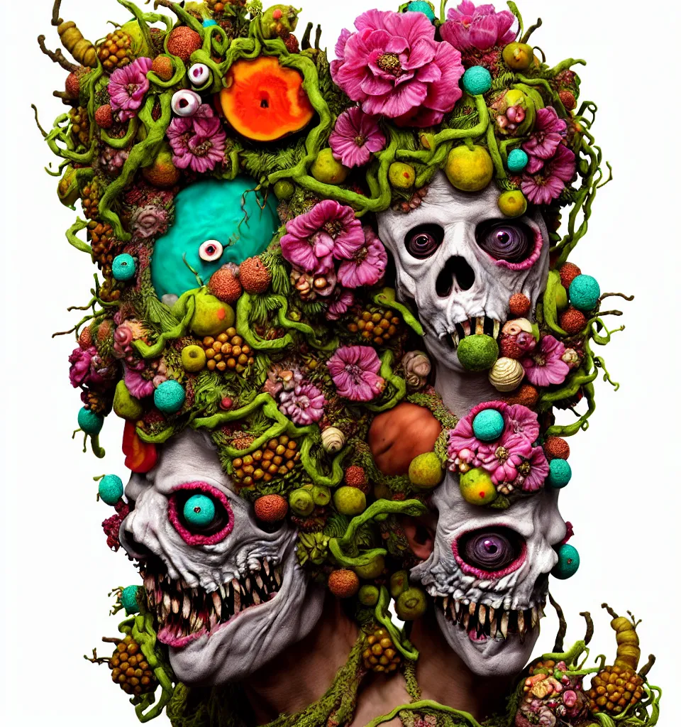 Prompt: eadshot of a trickster nature zombie, head made of fruit and flowers in the style of arcimboldo, fragonard, covered with tendrils and snail shells, oil painting, ethereal, atmospheric lighting, action figure, clay sculpture, claymation, turquoise pink and green, botanical rainbow backdrop