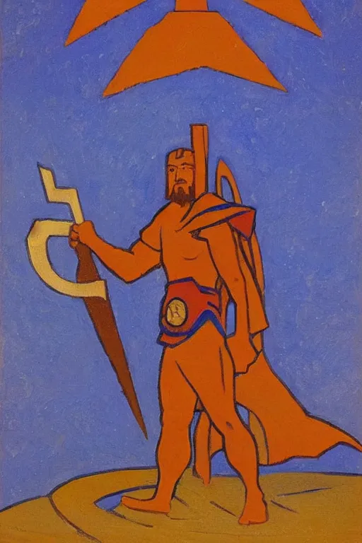 Image similar to thor with hammer, marvel, artwork by nicholas roerich,