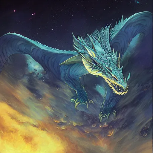 Prompt: Blue scaled dragon devouring an earth like planet while flying in space, mythical dragon, European four-legged dragon, sun system, nebula, oil painting, by Fernanda Suarez and Edgar Maxence and Greg Rutkowski