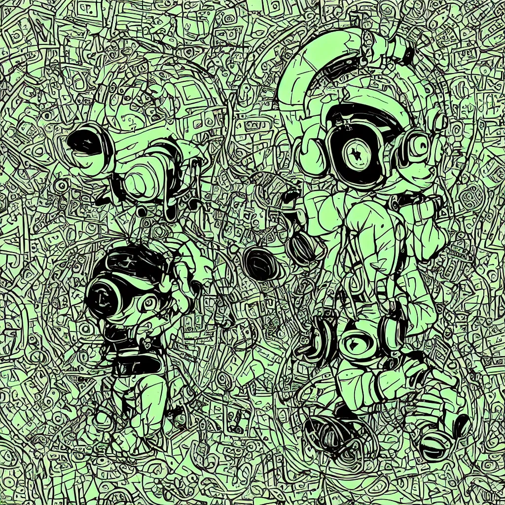 Image similar to toad wearing headphones, ryuta ueda artwork, breakcore, style of jet set radio, y 2 k, gloom, space, cel - shaded art style, sacred geometry, data, minimal, code, cybernetic, dark, eerie, cyber