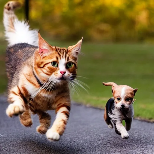 Image similar to a giant cat chasing after a little dog, little dog running away fast from the scary cat