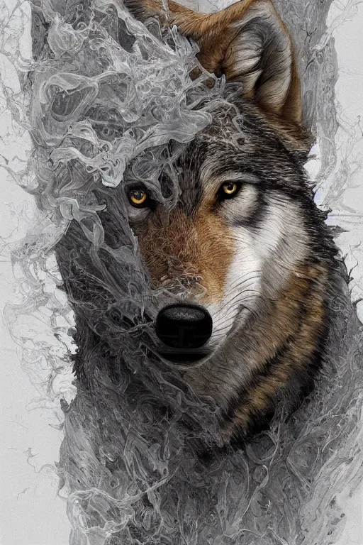 Prompt: hyperdetailed portrait of a highly detailed portrait of wolf wearing grey hoodie, and smoke marlboro, digital painting, artstation hq, sharp foccus ilustration, artstation hq. intricate, elegant. wlop, artgerm, greg rutkowski, alphonse mucha, medium shot. dan mumford, tomokazu matsuyama, takato 4 yamamoto