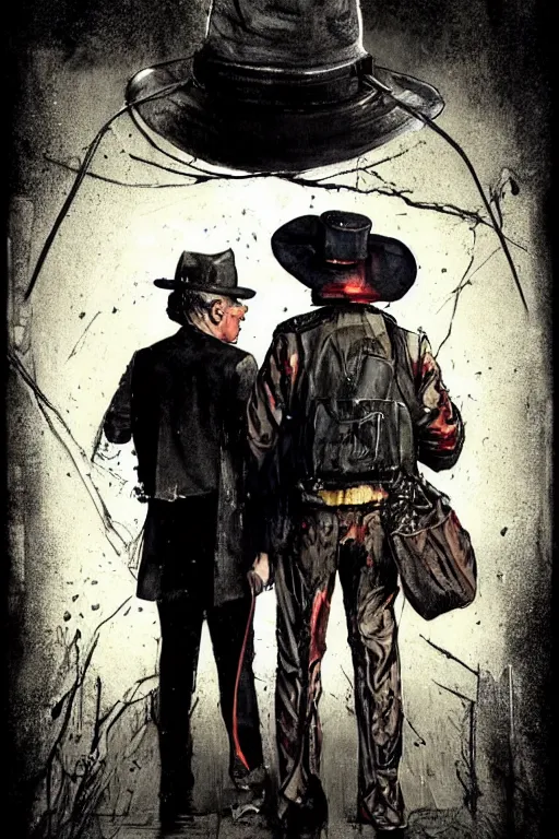 Prompt: Rorschach and The Comedian aka Edward Morgan Blake from the movie Watchmen painted by Norman Rockwell, Greg Rutkowski and Dave Gibbons, trending on Artstation, 8K, digital painting, concept art, smooth, sharp focus, illustration, summer vibrancy, cinematic, details, noisy film grain effect, super wide shot, 30mm, intricate, very very high detailed perfect faces