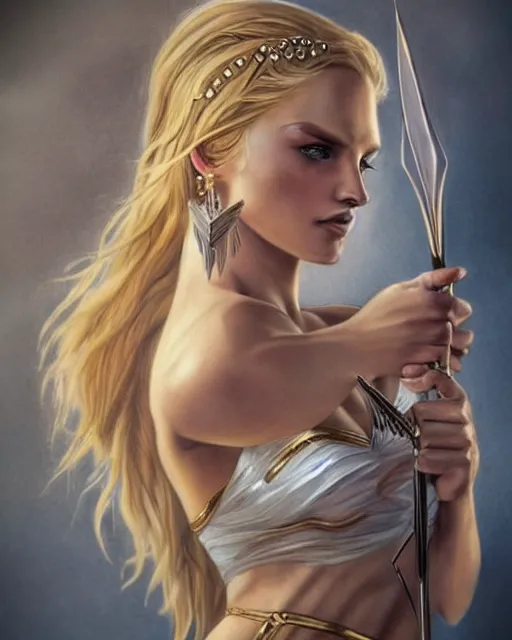 Image similar to tattoo sketch of beautiful greek goddess aphrodite with arrow earrings, beautiful piercing eyes, flowing blonde hair, realistic face, hyper realistic, in the style of greg rutkowski, fantasy, amazing detail, epic, intricate, elegant, smooth, sharp focus