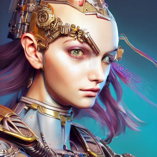 Image similar to studio portrait of lawful good colorful female holy mecha paladin absurdly beautiful, elegant, young sensual graceful woman, ultrafine hyperrealistic detailed face illustration by kim jung gi, irakli nadar, intricate linework, sharp focus, bright colors, matte, octopath traveler, final fantasy, unreal engine highly rendered, global illumination, radiant light, intricate environment