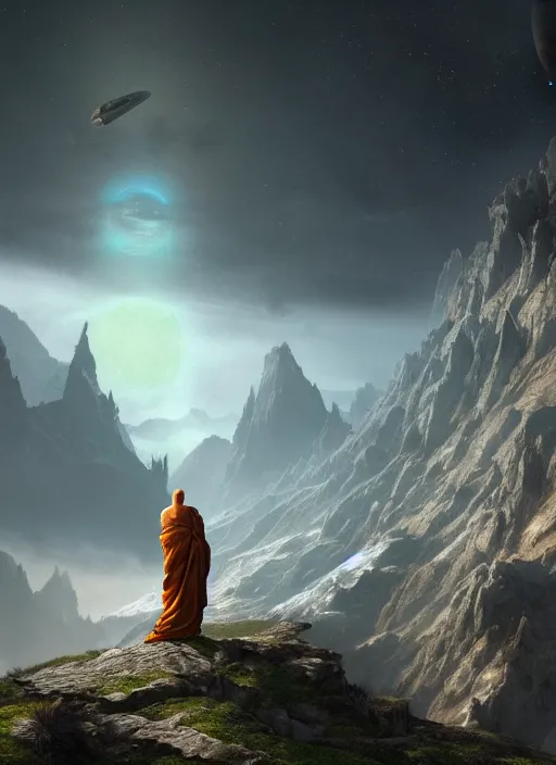 Image similar to a cosmic monk in lord of the rings scenery landscape, looking at a hovering spaceship in the sky, sci - fi, highly detailed, vivid color, cinematic lighting, perfect composition, 8 k, gustave dore, derek zabrocki, greg rutkowski, belsinski, octane render