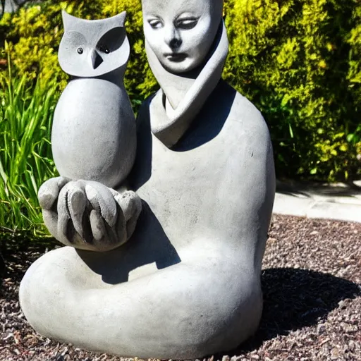 Image similar to concrete modern art garden statue of an owl dressed as a monk. the owl is holding a baby alpaca