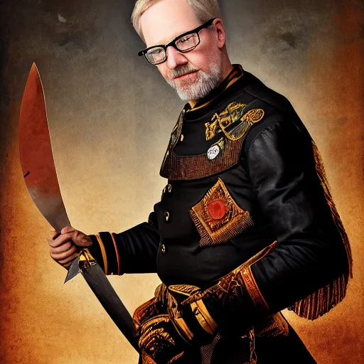 Image similar to adam savage portrait roman general hand on sword