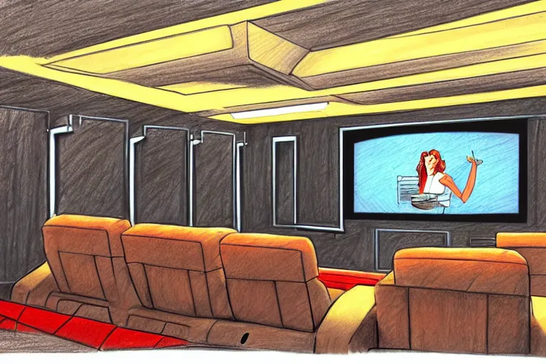 Image similar to a modern home movie theater, sleek, comfortable, stylish decor, popcorn machine, movie posters, designed by kelly wearstler, detailed rough color pencil sketch illustration