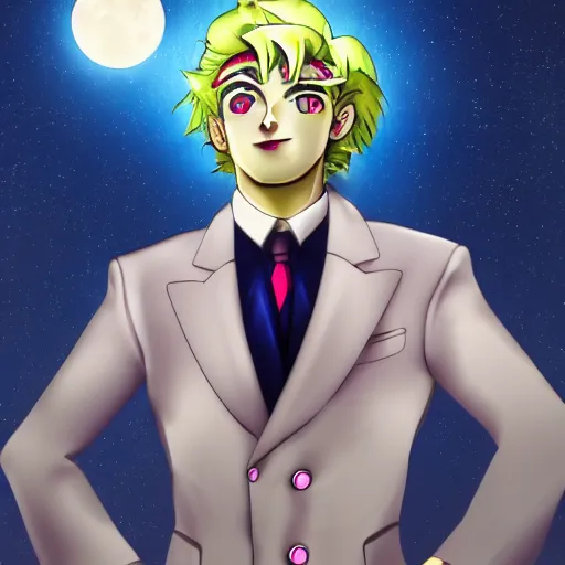 Image similar to yoshikage kira in a sailor moon outfit, digital painting, portrait, bokeh, moon in the background