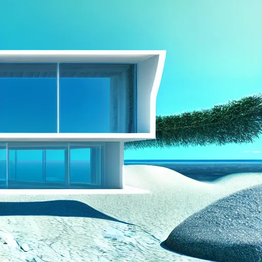 Prompt: a modern house made of glass on a beautiful fantasy beach, clear blue sky, digital art, epic composition, hd, 4 k, octane renderer, professional, intricate detail