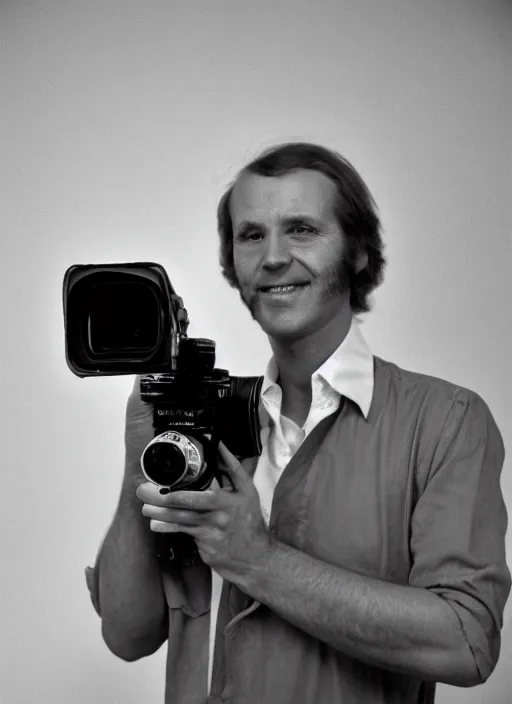 Prompt: a man in the 1 9 7 0 s holding a camera