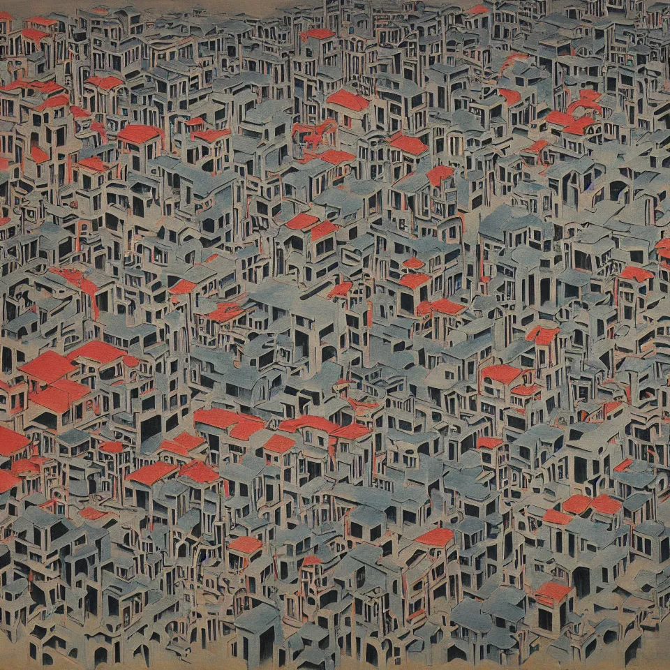 Image similar to a painting of abstract buildings like hongcun ancient village houses by yves tanguy