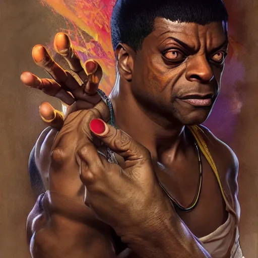 Prompt: chris tucker as dhalsim street fighter, jump kick, 4 k, ultra realistic, detailed focused art by artgerm and greg rutkowski and alphonse mucha