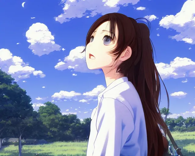 Image similar to teen looking at blue sky, wearing white shirt, back turned, looking up, illustration, by pine ( ハイネ ) and 薯 子 imoko and 香 川 悠 作 and wlop and maya takamura, highly detailed, trending artstation, pixiv, digital art