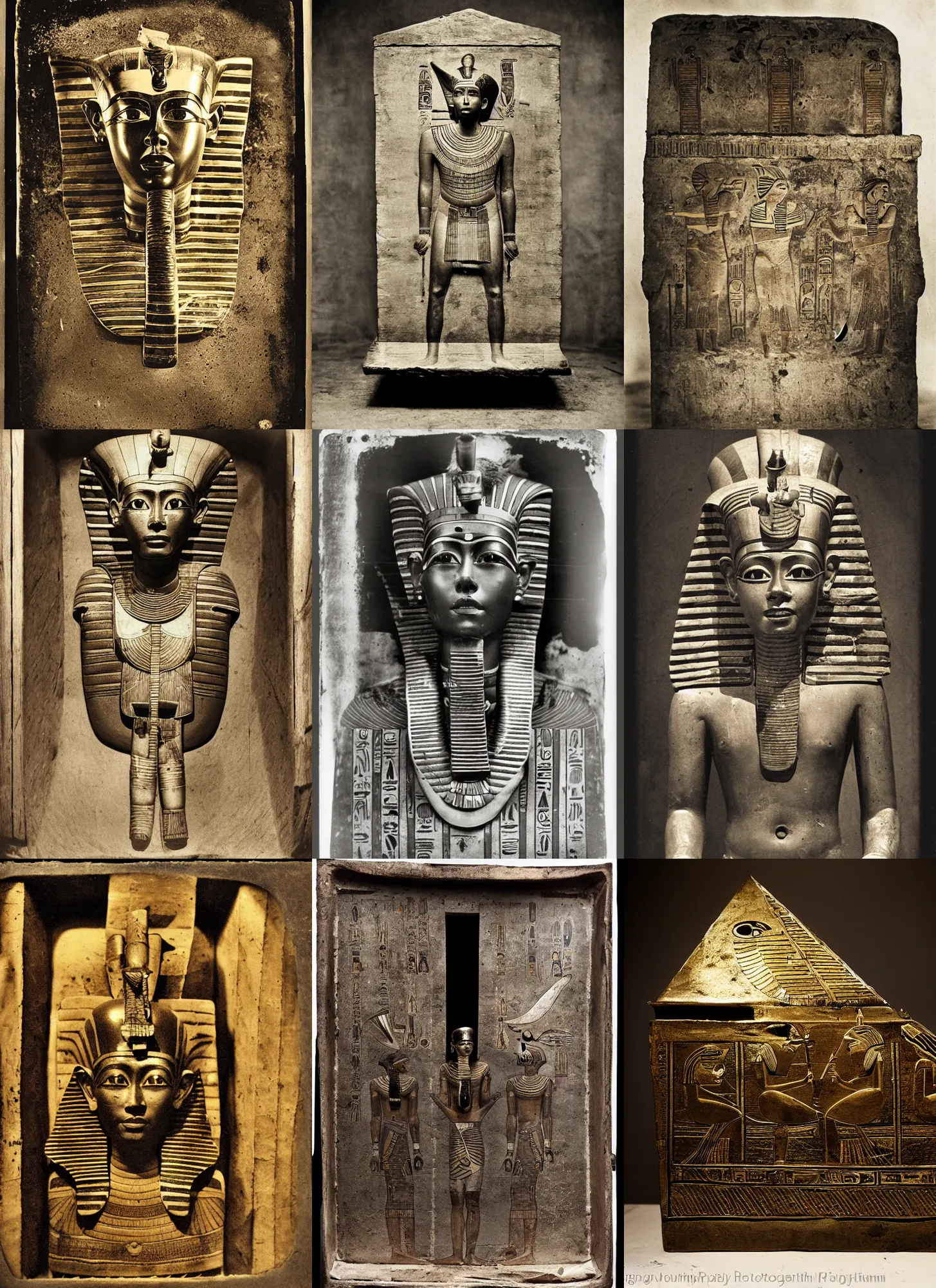 Prompt: wet plate photography egyptian wooden coffin tutankhamun, scp