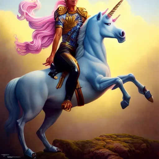 Prompt: portrait of human riding an unicorn, action scene, pixar style, by tristan eaton stanley artgerm and tom bagshaw.