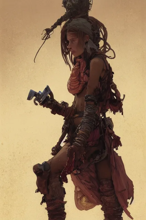 Prompt: a full body portrait of a beautiful post apocalyptic offworld rogues quarter bedouin blind pulp fiction scarlet wild rogue barbarian leper begging by the roadside, intricate, elegant, highly detailed, digital painting, artstation, concept art, smooth, sharp focus, illustration, art by krenz cushart and artem demura and alphonse mucha