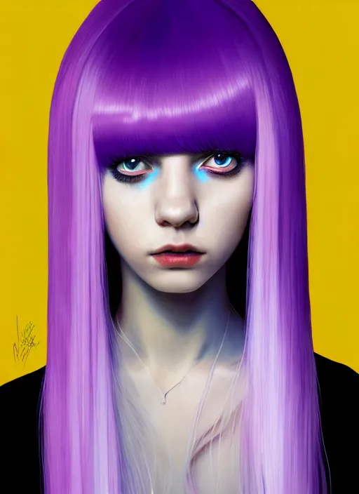 Image similar to hair whitebangs hair, black hair, whitebangs, portrait of teenage girl with white bangs, red irises, purple clothes, white bangs, bangs are different color from hair, intricate, elegant, glowing lights, highly detailed, digital painting, artstation, concept art, smooth, sharp focus, illustration, art by wlop, mars ravelo and greg rutkowski