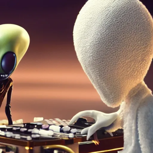 Image similar to cinematic film still of Pharrell Williams Making A Beat with an anthropomorphic alien, Japanese VFX, 2018, 400mm lens, f1.8, shallow depth of field,film photography