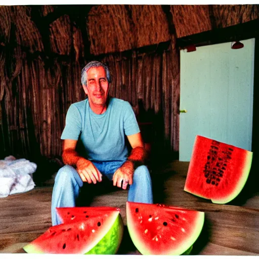 Image similar to a photo of jeffrey epstein sitting in a hut in hawaii with various square watermelons everywhere in the room, portra 4 0 0