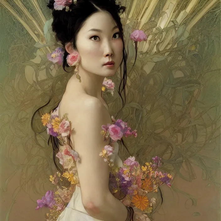 Image similar to A portrait of The bride in a Chinese wedding by Ross Tran!!! and alphonse mucha and greg rutkowski! and Gustave Doré!! and Zdzisław Beksiński!,In style of Impressionism.Symmetry.Highly detailed face.Fantasy,smooth,hyper detailed,sharp focus,Soft light.trending on artstation.oil on canvas