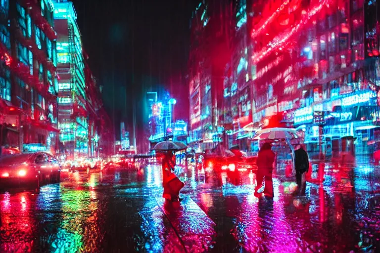 Image similar to canon, 300mm, bokeh, city at night, raining, reflections, people with umbrellas, neon lights