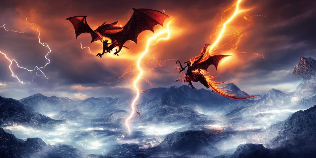 Prompt: a powerful flying fire Dragon fighting against a Wizard which shoots lightning in the foreground, big Mountains and wide forrests are in the Background, stormy weather at night ,cinematic Style, hyperrealistic