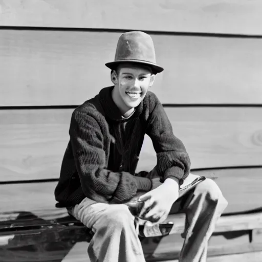 Image similar to photograph of a young man with a backward hat sitting on outdoor wooden bleachers next to a radio