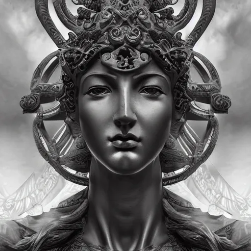 Image similar to A digital masterpiece illustration concept art of a giant statue of a very beautiful Greek Goddess with its top in the heaven, beautiful eyes, symmetrical face, symmetrical body, taiga landscape + inspired art by by WLOP + Extremely detailed and intricate complexity + epic composition, magical atmosphere, cinematic lighting + wide long shot, wide angle + trending on artstation + 8k