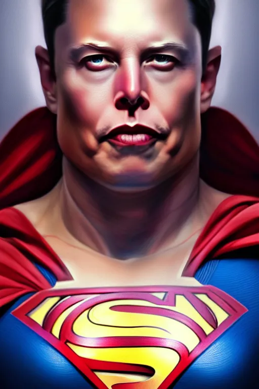 Image similar to elon musk as superman, realistic portrait, symmetrical, highly detailed, digital painting, artstation, concept art, smooth, sharp focus, illustration, cinematic lighting, art by artgerm and greg rutkowski and alphonse mucha