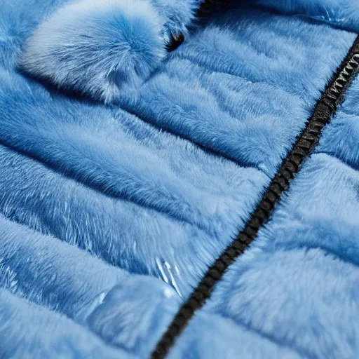 Image similar to nike jacket made of very fluffy blue faux fur : : with a reflective iridescent nike logo, professional advertising, overhead lighting, heavy detail, realistic