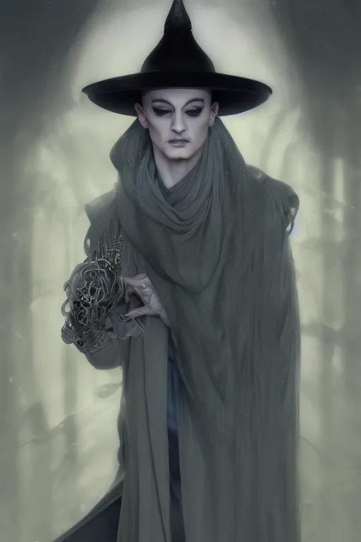 Image similar to portrait of boy george as dream of the endless, the sandman, grey clothes, in persian temple wet night, sci - fi and fantasy, intricate and very very beautiful and elegant, highly detailed, digital painting, artstation, concept art, smooth and sharp focus, illustration, art by tian zi and wlop and alphonse mucha