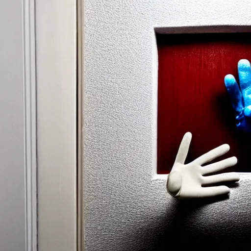 Image similar to a disembodied white gloved hand sticking out from behind a dark doorway, waving at a terrified boy watching tv in a living room, haunted, scary