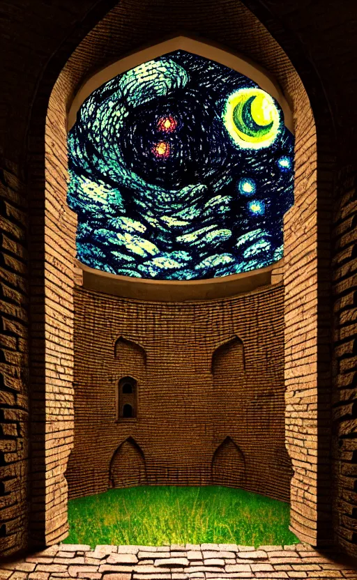 Prompt: stone brick wall inside of a castle, round window looking out to the starry night sky laboratory, high details, intricately detailed, by vincent di fate, inking, 3 color screen print, masterpiece, trending on artstation,, sharp, details, hyper - detailed, hd, 4 k, 8 k