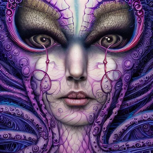 Prompt: purple - eyed girl with tentacles on her head, photo - realistic, face enhanced, detailed and intricate by alex grey, lisa frank, ayami, kojima, amano, karol bak, greg hildebrandt, mark brooks, beksinski, takato yamamoto