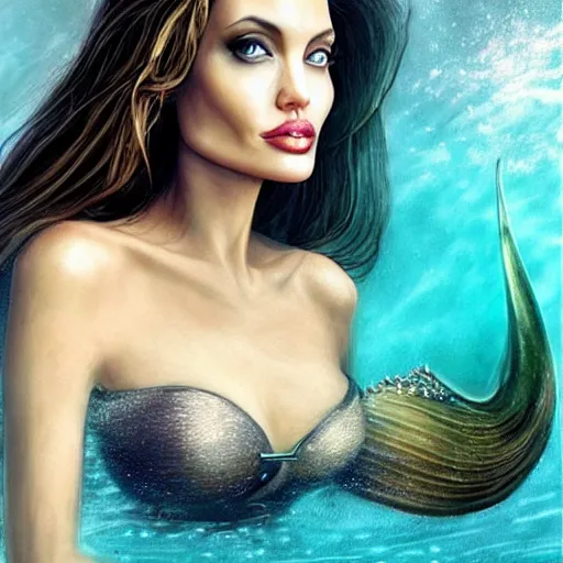 Prompt: “ angelina jolie portrait, fantasy, mermaid, hyperrealistic, game character, underwater,, highly detailed, cinematic lighting, pearls, glowing hair, shells, gills, crown, water, highlights, starfish, goddess, jewelry, realistic, digital art, pastel, magic, fiction, ocean, queen, colorful hair, sparkly eyes, fish, heroic, waves, bubbles ”