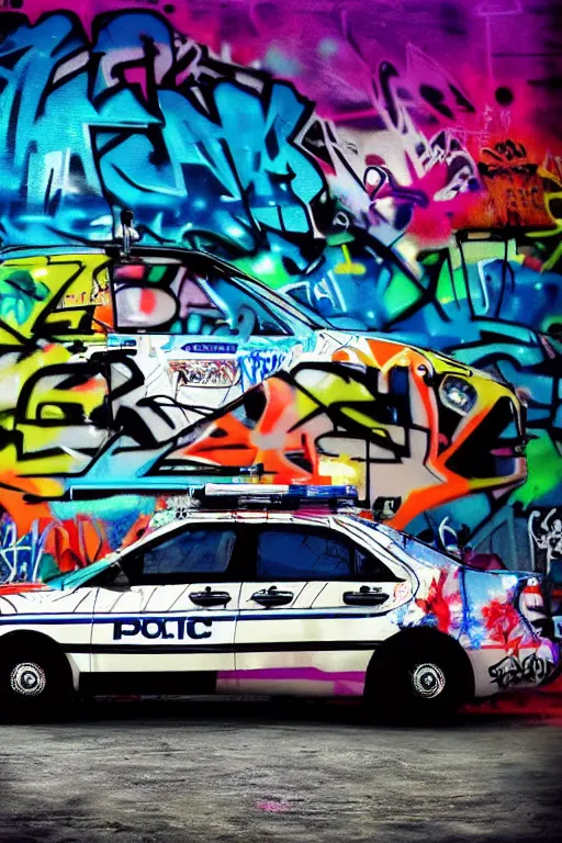 Image similar to a police car covered in graffiti by mia brownell, art by anna hotchkis, antonio saura, very detailed, maximalism, ambient occlusion, volumetric light, atmospheric haze, hyper realism, futuristic but colorful shading, cinematic composition, realistic render, photography, wide shot