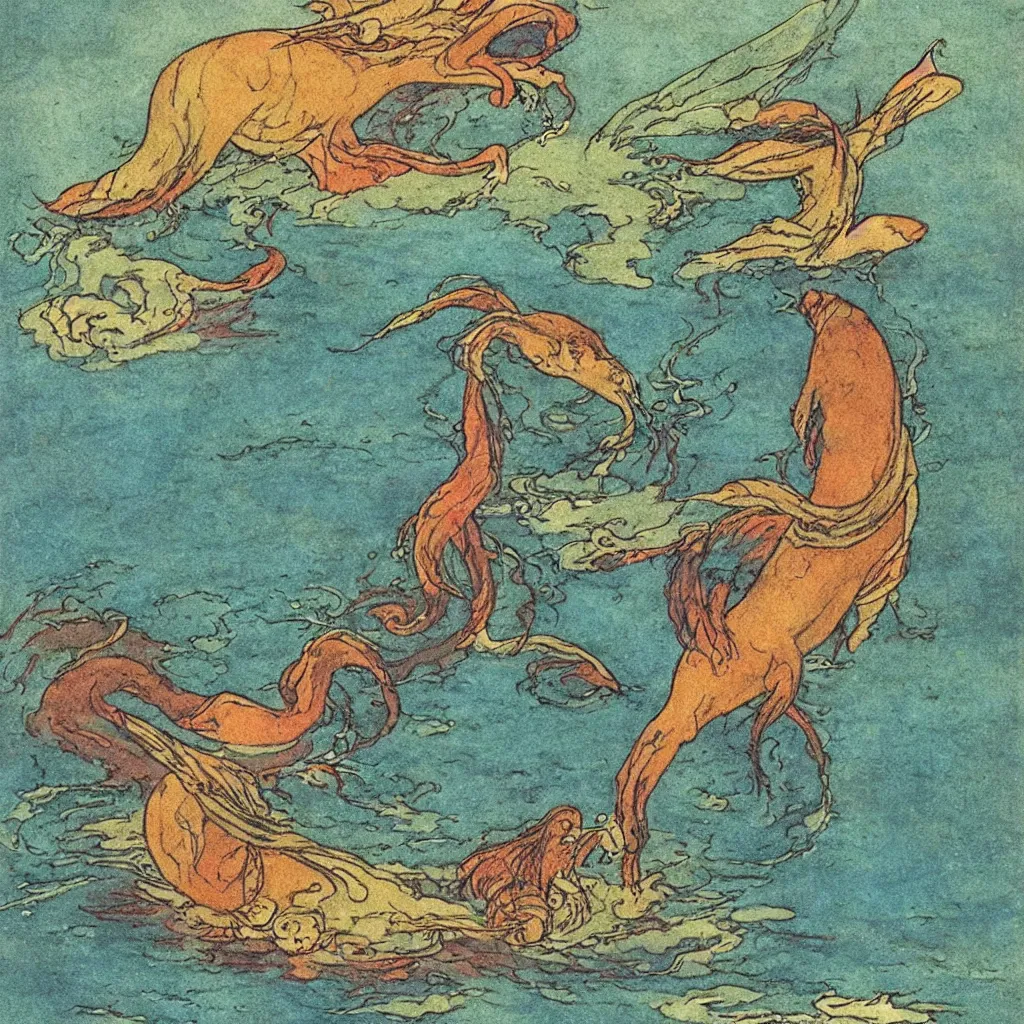 Image similar to an extremely colorful depiction of a merhorse in a lake, rearing up with its tail tucked underneath, from a book of fairy tales illustrated by edmund dulac