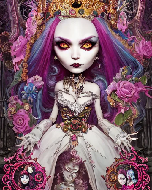 Image similar to maximalist baroque bedazzled gothic royalty frames surrounding a watercolor portrait of maximalist monster high draculaura doll, stephen bliss, unreal engine, by greg rutkowski, loish, rhads, makoto shinkai and lois van baarle, ilya kuvshinov, rossdraws, global illumination, radiant light, detailed and intricate environment, watercolor lighting