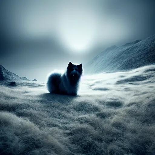 Image similar to giant sleeping ( ( samoyed ) ) creature creature in a tundra landscape, dramatic lighting, moody : : by michal karcz, daniel merriam, victo ngai and guillermo del toro : : ornate, dynamic, particulate, intricate, elegant, highly detailed, centered, artstation, smooth, sharp focus, octane render, 3 d