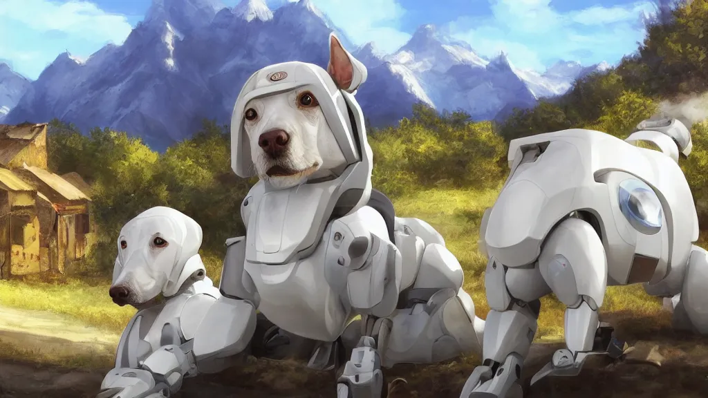 Image similar to glossy white robot dog with blue eyes sat in front of a junker village. mountains in far away background. trending on artstation.