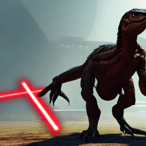 Prompt: a velociraptor from jurassic park with a lightsaber fights darth vader, global illumination radiating a glowing aura global illumination ray tracing hdr render in unreal engine 5